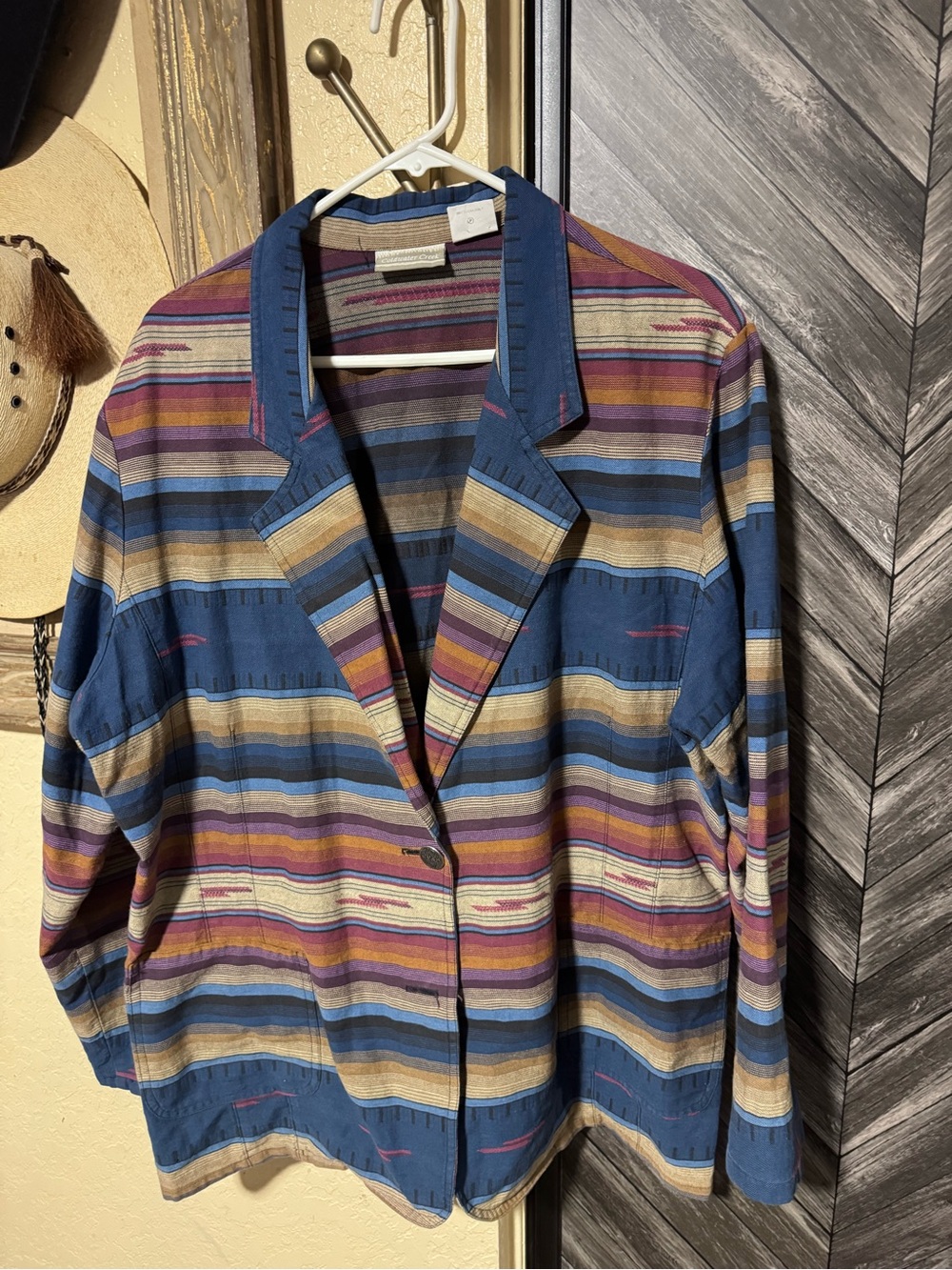 Coldwater Creek Striped Southwestern Button Blazer - Blue, Tan, Burgundy